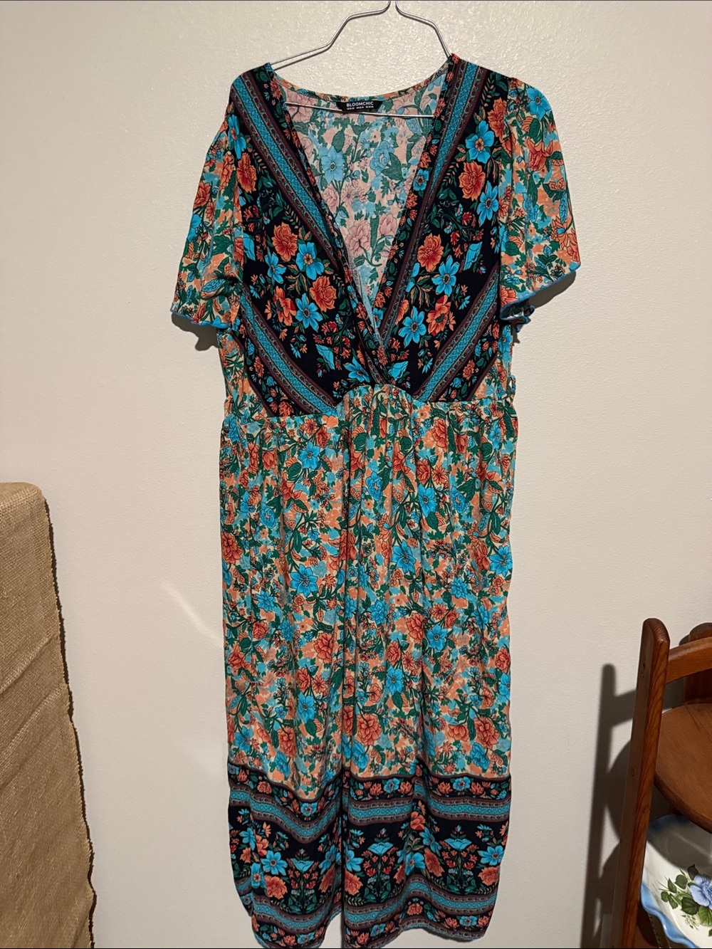 BloomChic Teal and Coral Floral Midi Dress